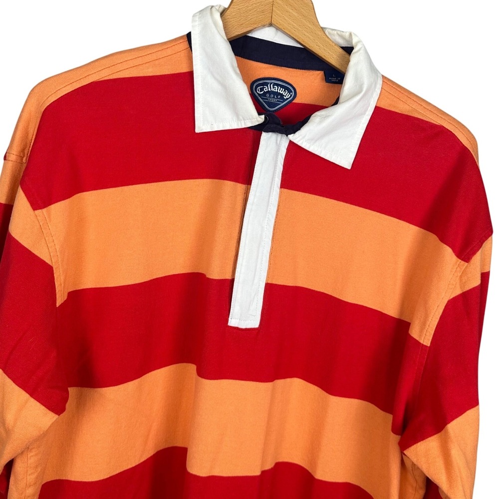 Callaway Golf Sport Mens Large Rugby Polo Shirt Long Sleeve Striped Red Orange